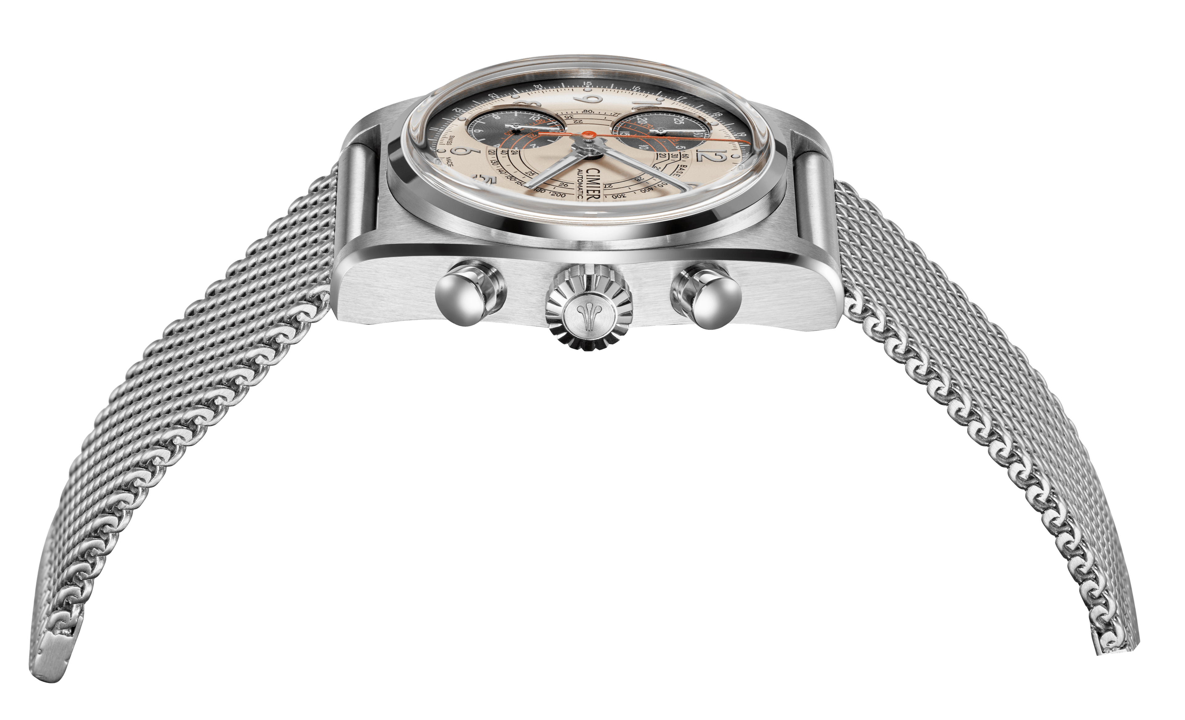 Profile of Cimier 711 Heritage Chronograph wristwatch with white dial