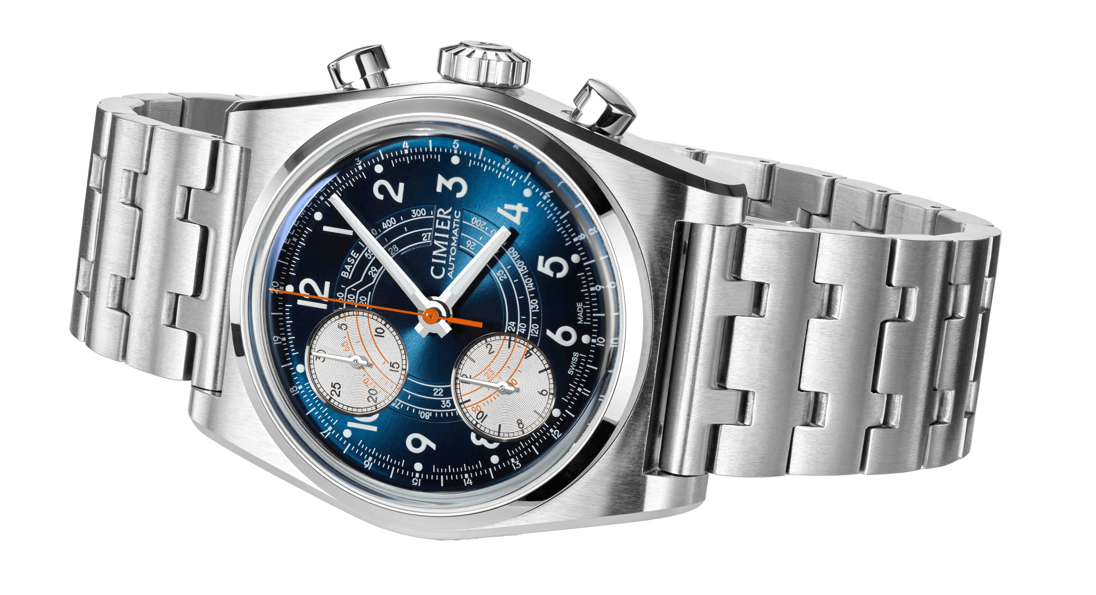 Side view of Cimier 711 Heritage Chronograph wristwatch with blue dial