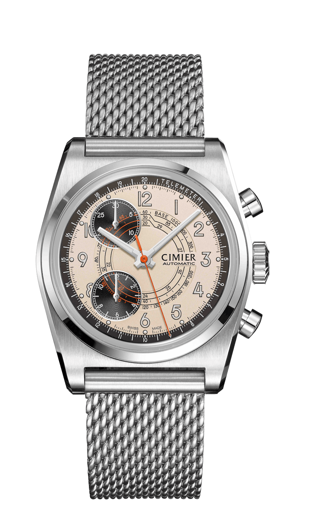 Cimier 711 Heritage Chronograph wristwatch with white dial and mesh bracelet