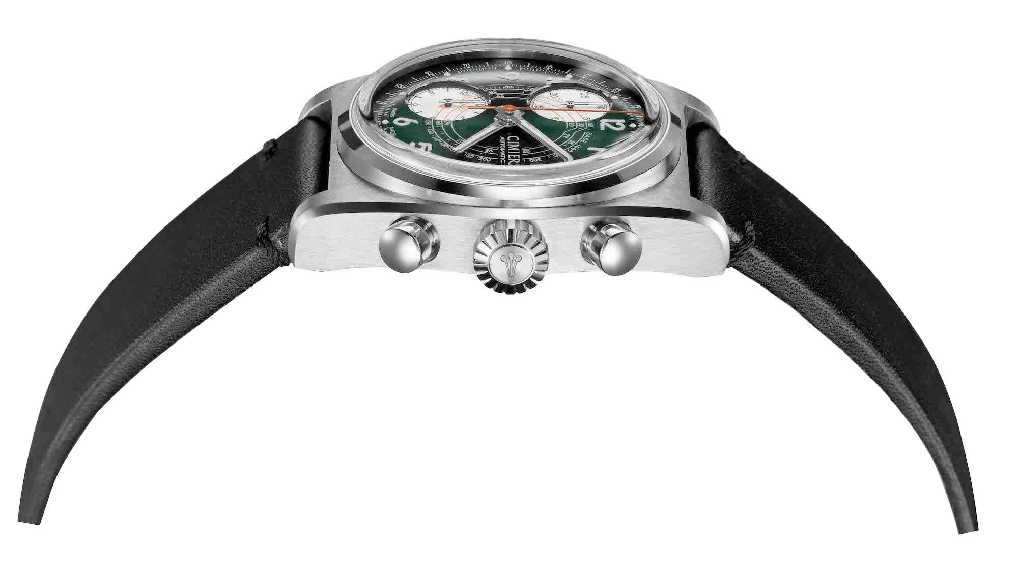 Profile of Cimier 711 Heritage Chronograph wristwatch with green dial