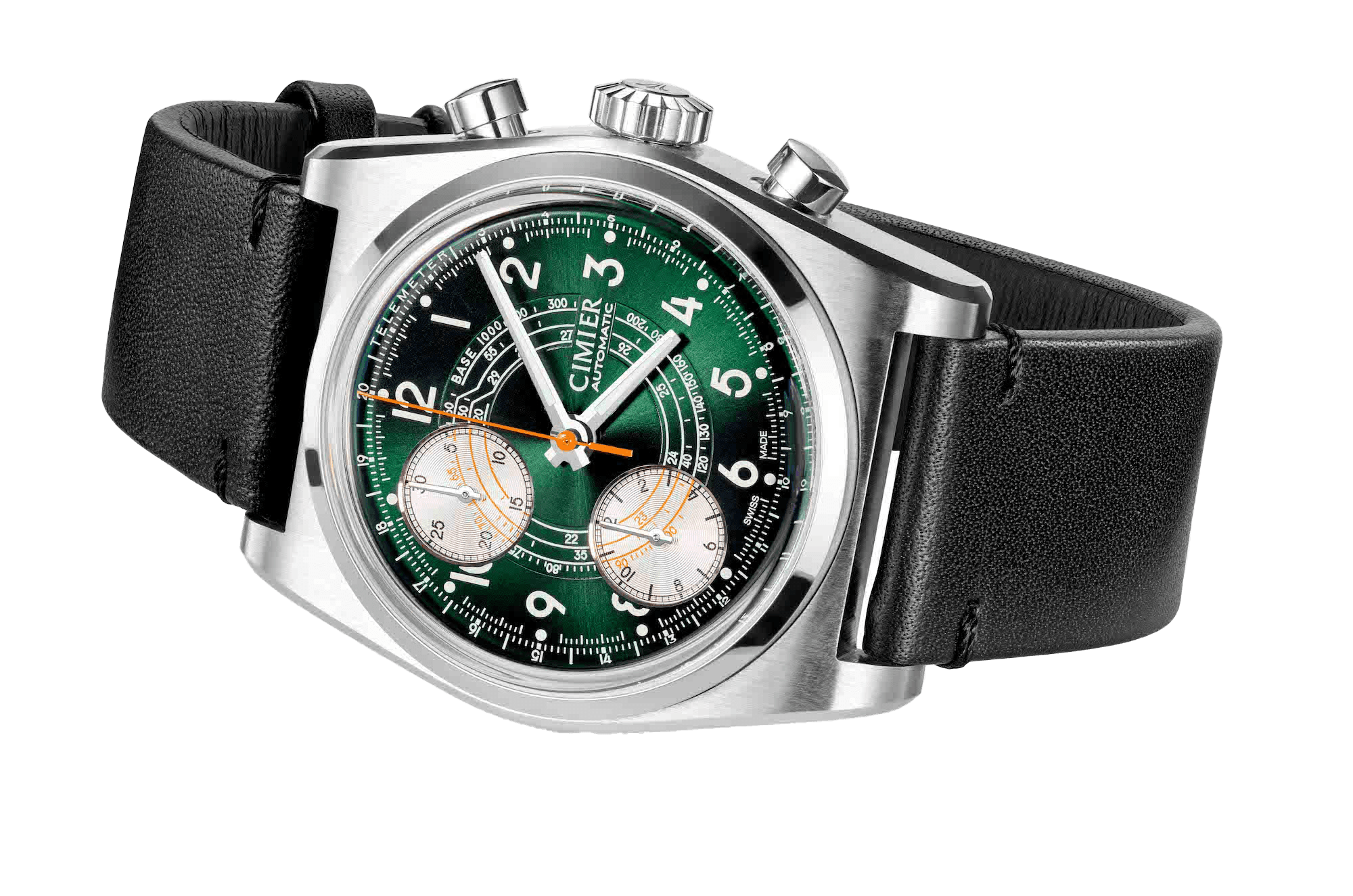 Side view of Cimier 711 Heritage Chronograph wristwatch with green dial